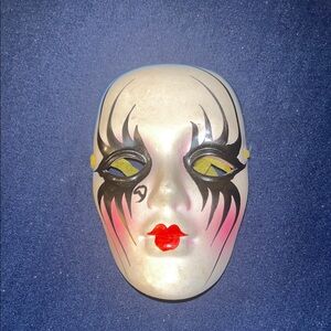 Vintage White Ceramic Mardi Gras Face Mask with Black Eye Accents and Red Lips
